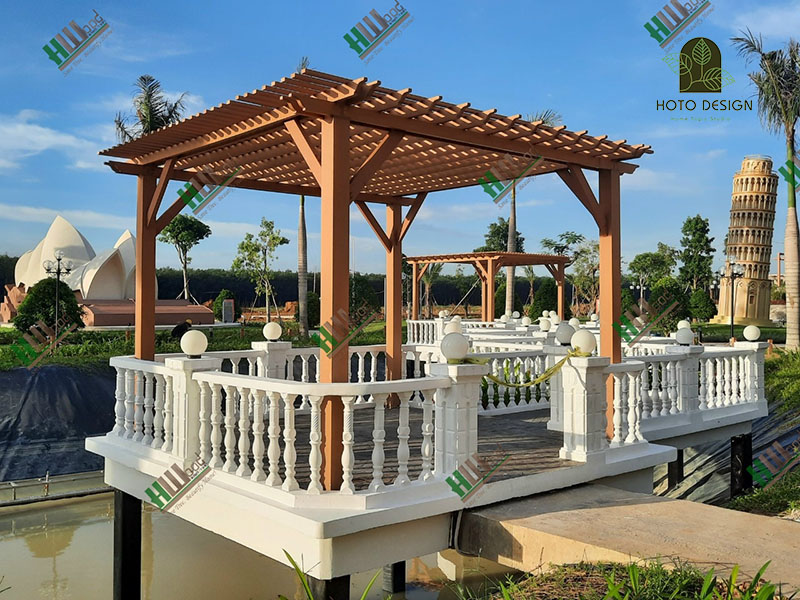 Lam gỗ nhựa ngoài trời sử dụng làm giàn lam che nắng, giàn pergola cho không gian nghĩ dưỡng ngoài trời.